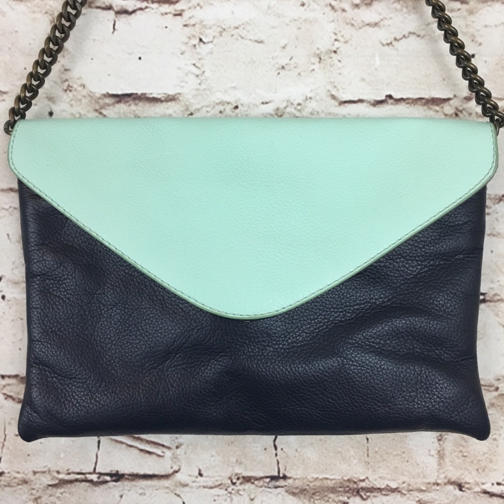 J Crew Green Blue Leather Envelope Chain Purse